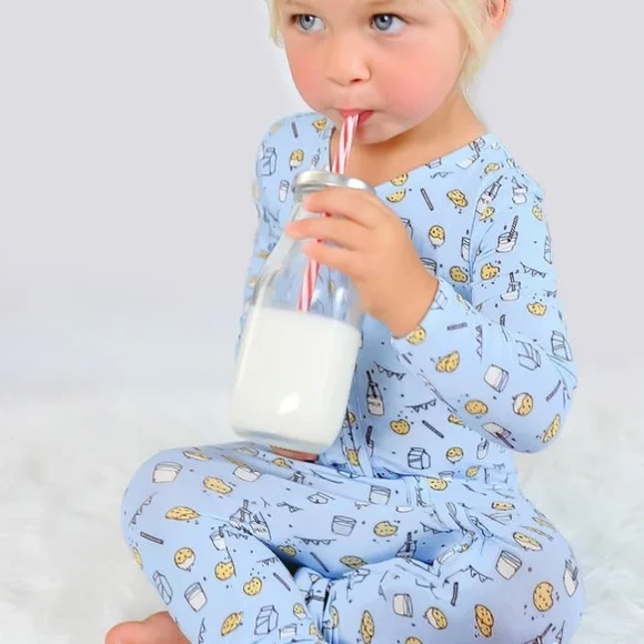 Bellabu Bear Kids' Milk & Cookies Blue Convertible Footie Pajamas designer pjs